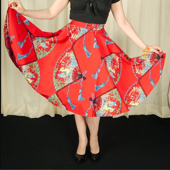 Trashy Diva Japanese Red w. Multicolor Fans Cotton Circle Midi Skirt women’s 6 - Picture 3 of 17